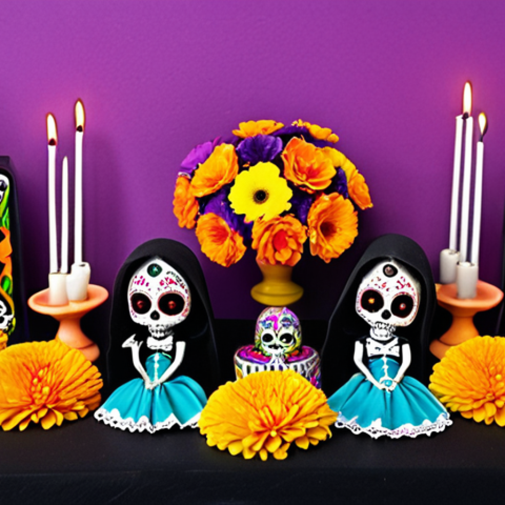 **LOL Surprise Día de Muertos Altar:** A miniature Day of the Dead altar adorned with LOL Surprise dolls dressed as Catrinas. The altar should feature traditional elements like sugar skulls, marigolds, and candles, but with a playful LOL Surprise twist. Bright, festive colors are essential.