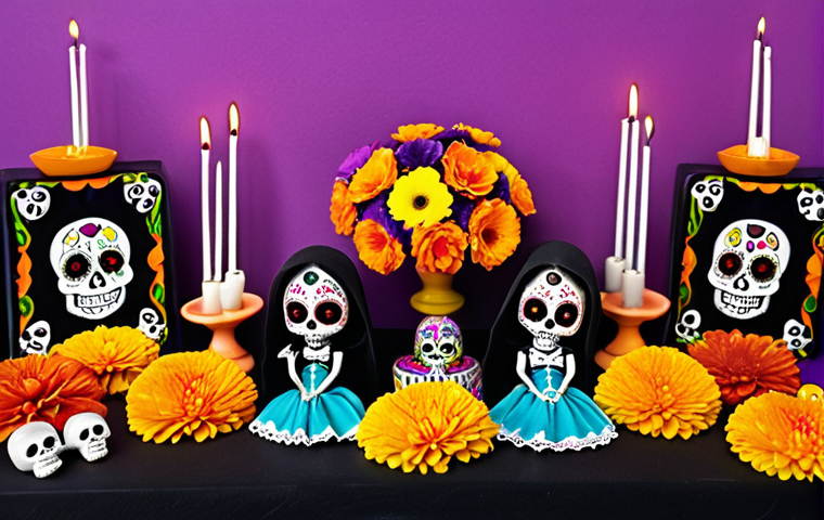 **LOL Surprise Día de Muertos Altar:** A miniature Day of the Dead altar adorned with LOL Surprise dolls dressed as Catrinas. The altar should feature traditional elements like sugar skulls, marigolds, and candles, but with a playful LOL Surprise twist. Bright, festive colors are essential.