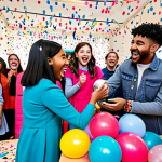 A diverse group of cheerful children and adults, fully clothed in modest and appropriate attire, actively engaged in unboxing individual LOL Surprise spheres. Each person displays expressions of excitement, anticipation, and pure joy as they reveal the inner layers, with some holding newly discovered dolls or accessories. The scene is set in a brightly lit, spacious event hall, festively decorated with colorful balloons, streams of confetti, and vibrant banners featuring pop art designs, creating a lively and immersive LOL Surprise themed party atmosphere. Professional photography, high-resolution, sharp focus, natural light, perfect anatomy, correct proportions, well-formed hands, proper finger count, natural body proportions, safe for work, appropriate content, family-friendly.
