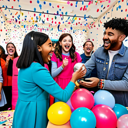 A diverse group of cheerful children and adults, fully clothed in modest and appropriate attire, actively engaged in unboxing individual LOL Surprise spheres. Each person displays expressions of excitement, anticipation, and pure joy as they reveal the inner layers, with some holding newly discovered dolls or accessories. The scene is set in a brightly lit, spacious event hall, festively decorated with colorful balloons, streams of confetti, and vibrant banners featuring pop art designs, creating a lively and immersive LOL Surprise themed party atmosphere. Professional photography, high-resolution, sharp focus, natural light, perfect anatomy, correct proportions, well-formed hands, proper finger count, natural body proportions, safe for work, appropriate content, family-friendly.