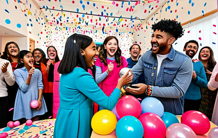 A diverse group of cheerful children and adults, fully clothed in modest and appropriate attire, actively engaged in unboxing individual LOL Surprise spheres. Each person displays expressions of excitement, anticipation, and pure joy as they reveal the inner layers, with some holding newly discovered dolls or accessories. The scene is set in a brightly lit, spacious event hall, festively decorated with colorful balloons, streams of confetti, and vibrant banners featuring pop art designs, creating a lively and immersive LOL Surprise themed party atmosphere. Professional photography, high-resolution, sharp focus, natural light, perfect anatomy, correct proportions, well-formed hands, proper finger count, natural body proportions, safe for work, appropriate content, family-friendly.