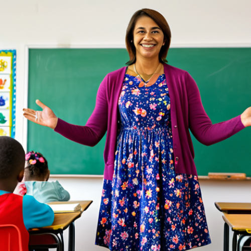 **

A vibrant and cheerful primary school teacher, fully clothed in a modest, colorful floral dress and cardigan, stands in a well-lit classroom filled with diverse children engaged in a learning activity. The background includes educational posters and playful decorations. Safe for work, appropriate content, professional, family-friendly, perfect anatomy, correct proportions, natural pose, well-formed hands, proper finger count, natural body proportions.

**