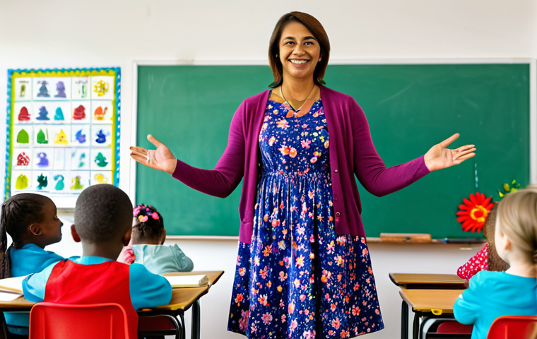 **

A vibrant and cheerful primary school teacher, fully clothed in a modest, colorful floral dress and cardigan, stands in a well-lit classroom filled with diverse children engaged in a learning activity. The background includes educational posters and playful decorations. Safe for work, appropriate content, professional, family-friendly, perfect anatomy, correct proportions, natural pose, well-formed hands, proper finger count, natural body proportions.

**