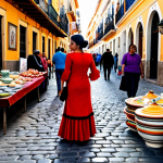 **

A vibrant street market scene in Seville, Spain. A fully clothed woman in a modest flamenco dress browses a stall overflowing with colorful ceramics. Cobblestone streets, historic buildings in the background, bustling with people in appropriate attire. Golden hour lighting, professional photography, perfect anatomy, natural proportions, safe for work, appropriate content, professional, family-friendly.

**