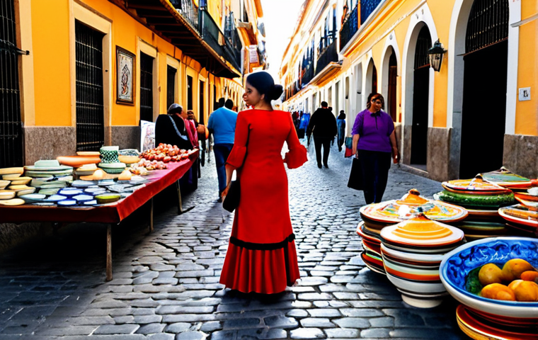 **

A vibrant street market scene in Seville, Spain. A fully clothed woman in a modest flamenco dress browses a stall overflowing with colorful ceramics. Cobblestone streets, historic buildings in the background, bustling with people in appropriate attire. Golden hour lighting, professional photography, perfect anatomy, natural proportions, safe for work, appropriate content, professional, family-friendly.

**