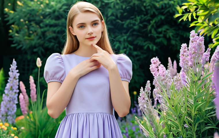 Pastel Innocence**

"A young woman with fair skin and light hair, wearing a fully clothed, modest pastel-colored dress. She has soft, blended pastel makeup in shades of pink and lavender. The background is a dreamy, soft-focus garden with blooming flowers. Perfect anatomy, correct proportions, natural pose, well-formed hands, proper finger count. Safe for work, appropriate content, fully clothed, professional."

**